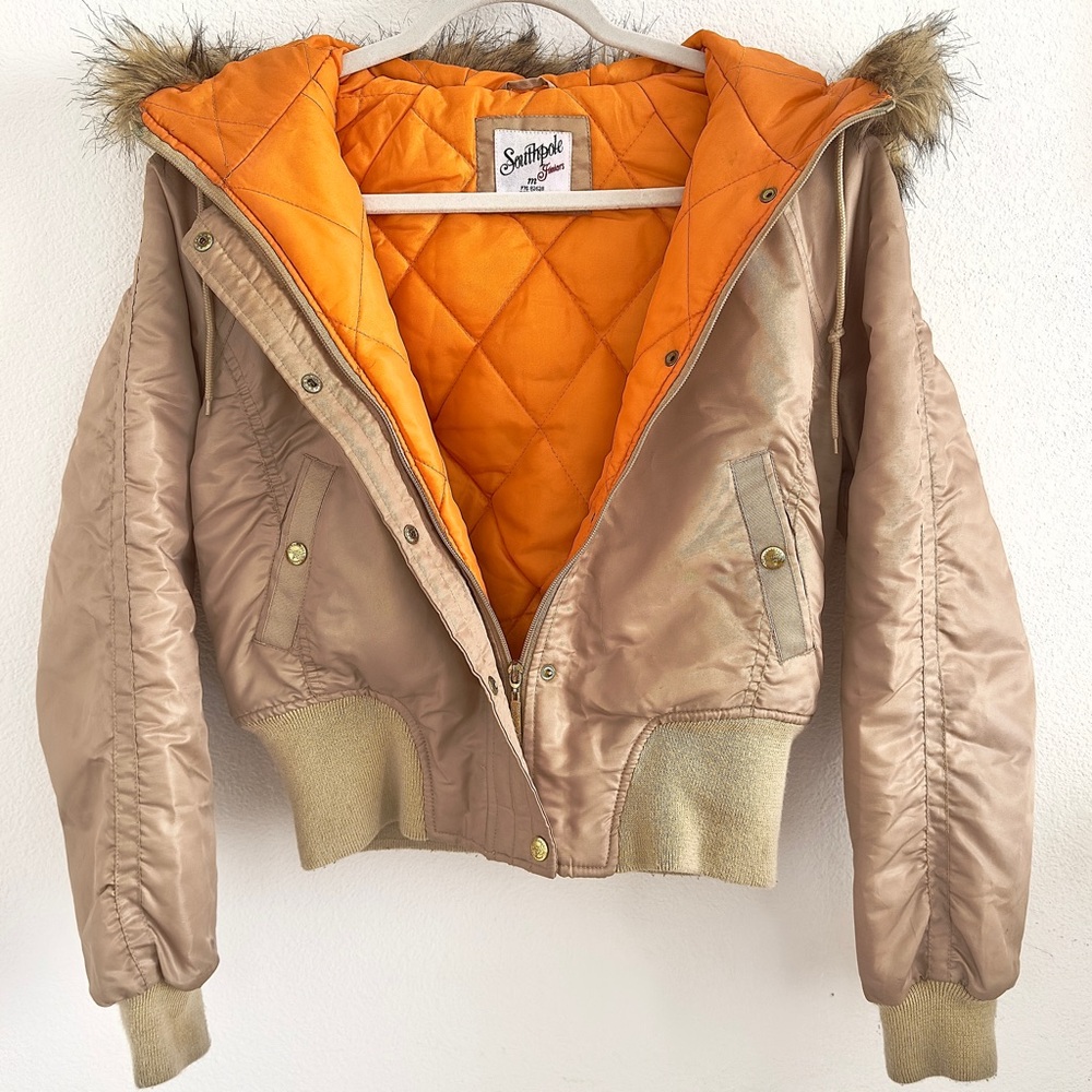 Southpole Cropped Faux Fur Hooded Lightweight Bomber Puffer Winter Coat Gold